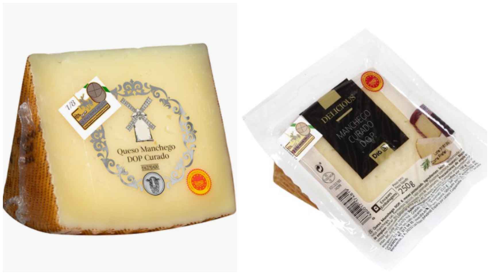 A la izquierda, el queso con D.O. Manchego vendido por Mercadona. A la derecha, el de Dia.