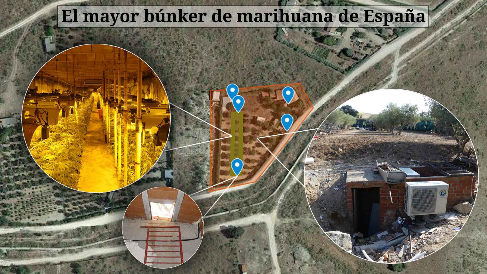 Mapa del mayor búnker de marihuana descubierto hasta el momento en España