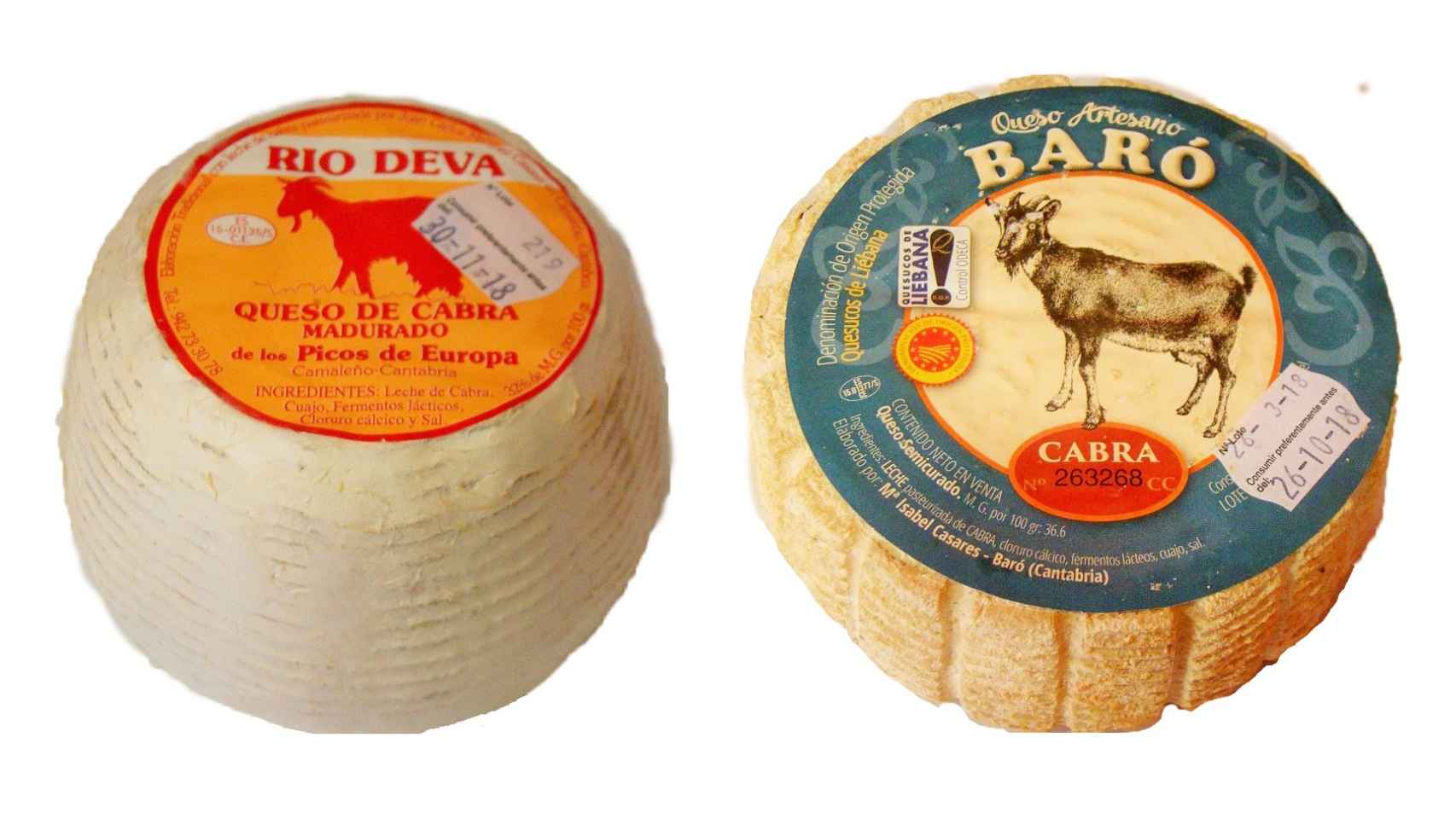 A la izquierda el quesuco D.O. de Liébana de la marca Río Deva y, a la derecha, el de la marca Baró.