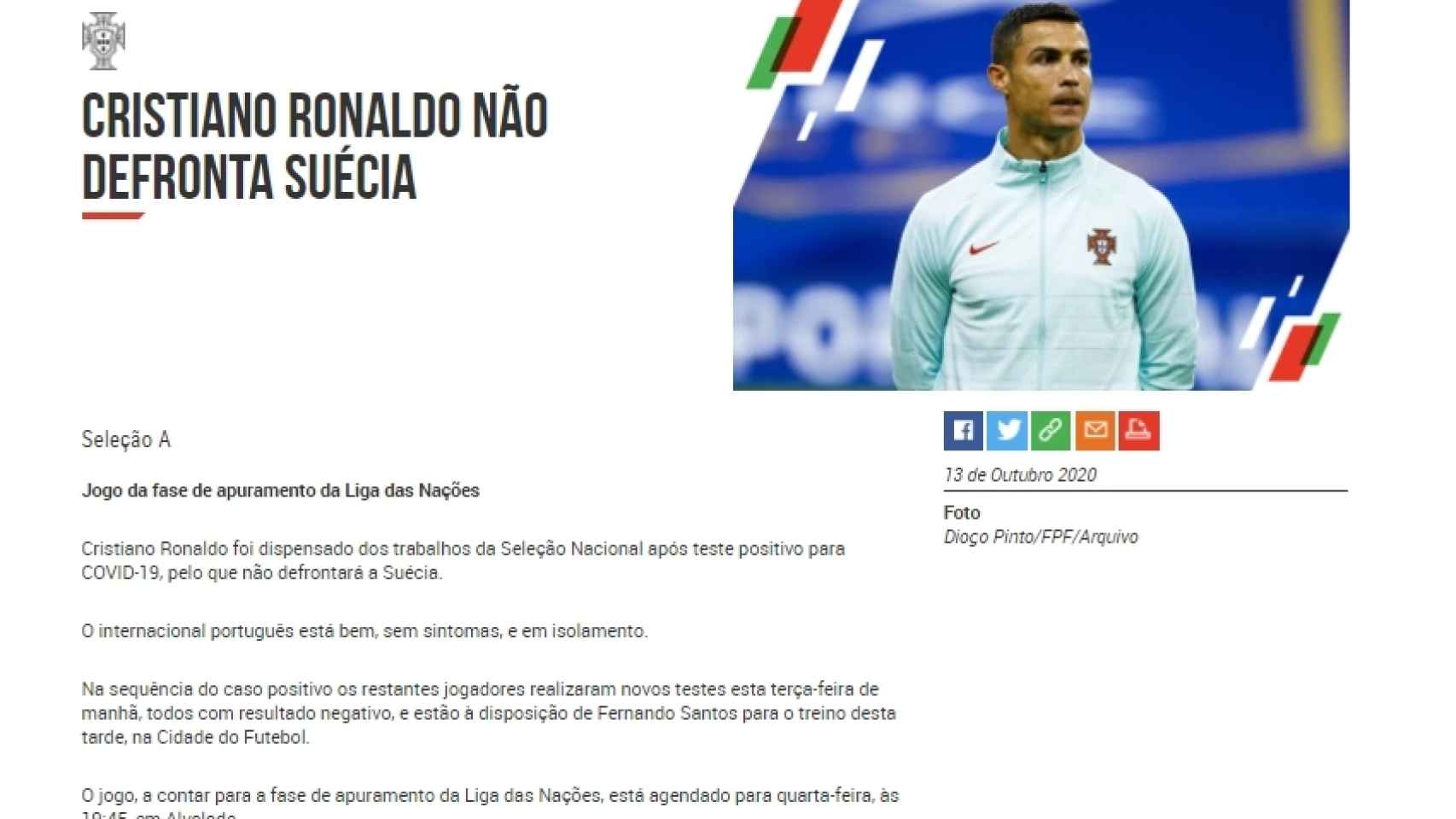 El comunicado de la selección de Portugal anunciando el positivo por coronavirus de Cristiano Ronaldo