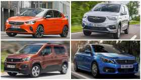 Cuatro de los coches de ocasión más vendidos este verano. De arriba a abajo y de izquierda a derecha: Opel Corsa, Opel Combo, Peugeot Rifter y Peugeot 308.