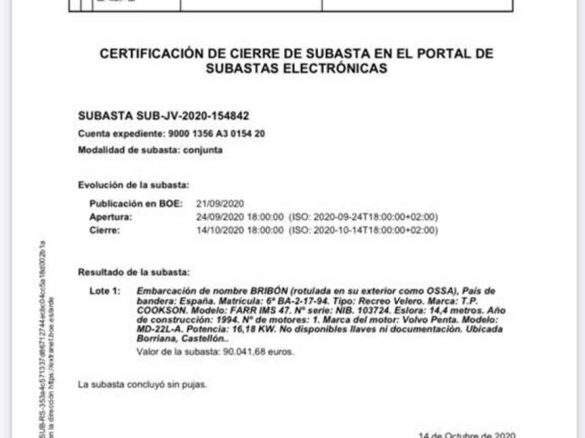 Certificación del cierre de subastas del BOE.