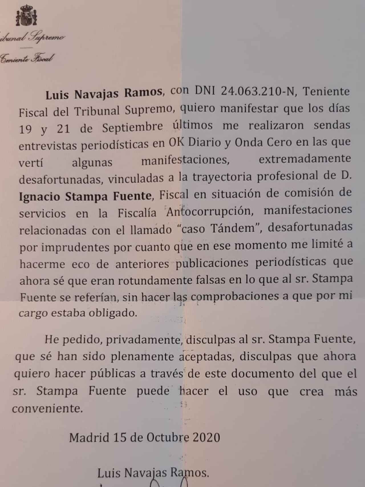 Escrito de disculpa de Luis Navajas a Ignacio Stampa.