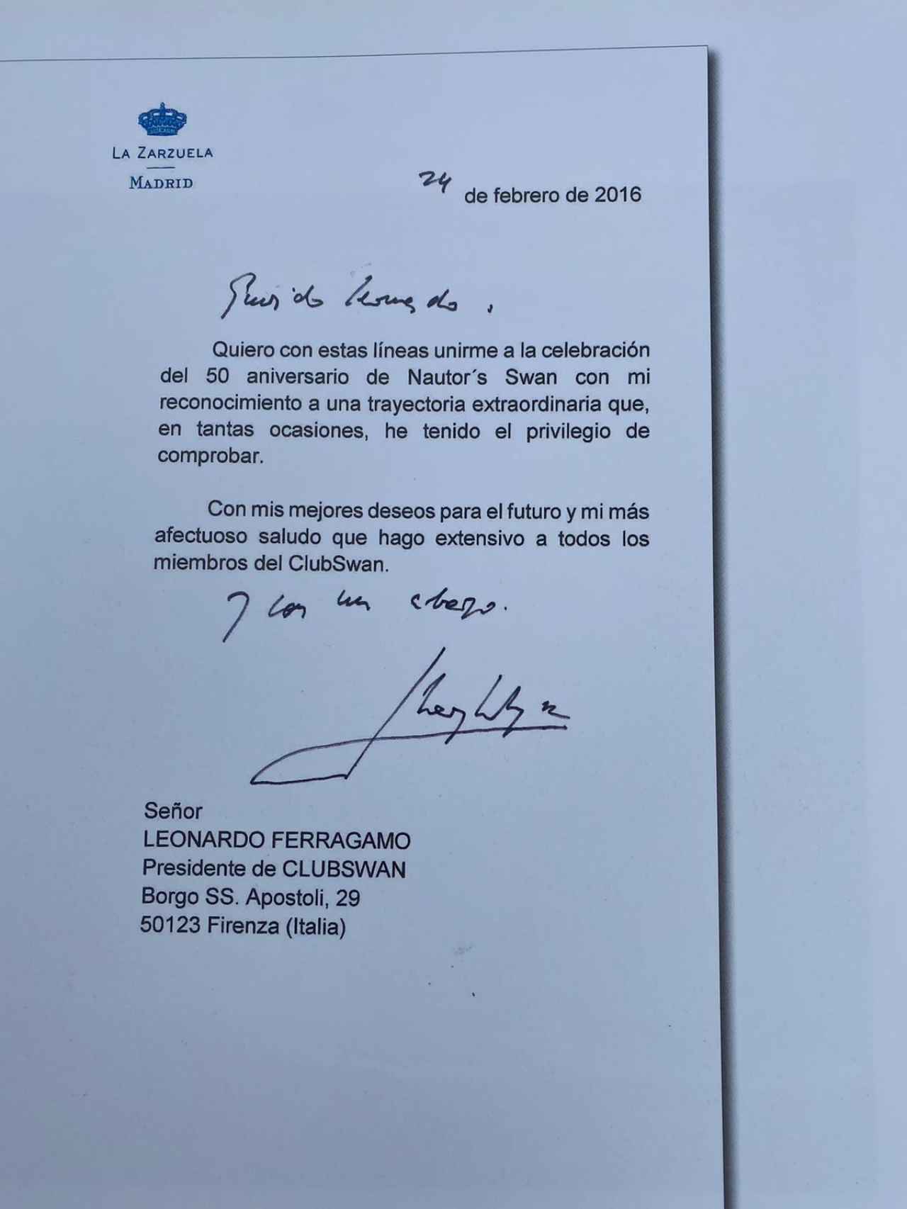 La carta que Zarzuela envió a Leonardo Ferragamo para felicitar a Swan en su aniversario.