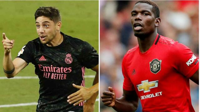 Fede Valverde, jugador del Real Madrid; Pogba, jugador del Manchester United