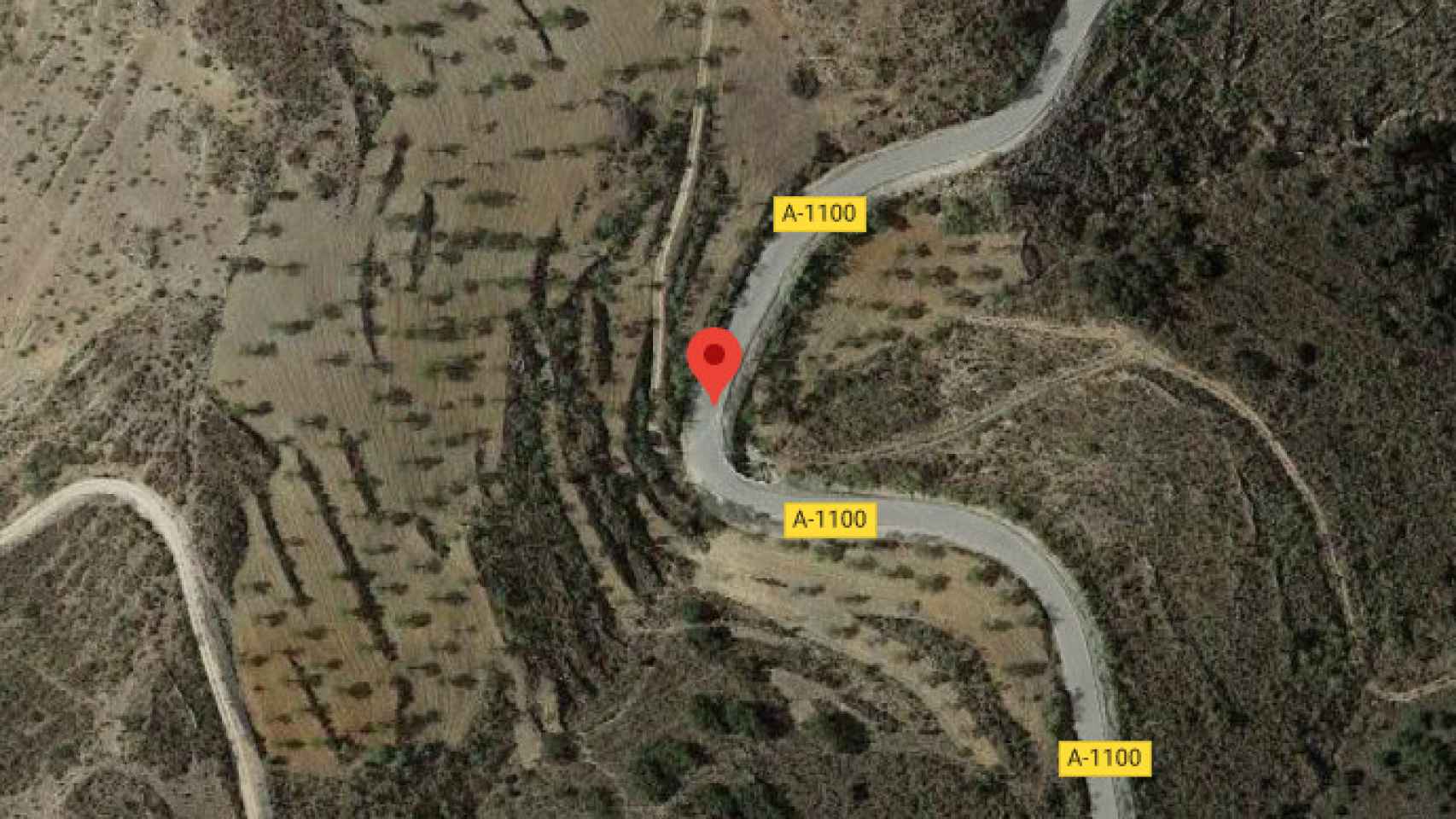Vista aérea de Google de la carretera A-1100 que une Almanzora y Cantoria donde se produjo el siniestro donde murieron los dos adolescentes.