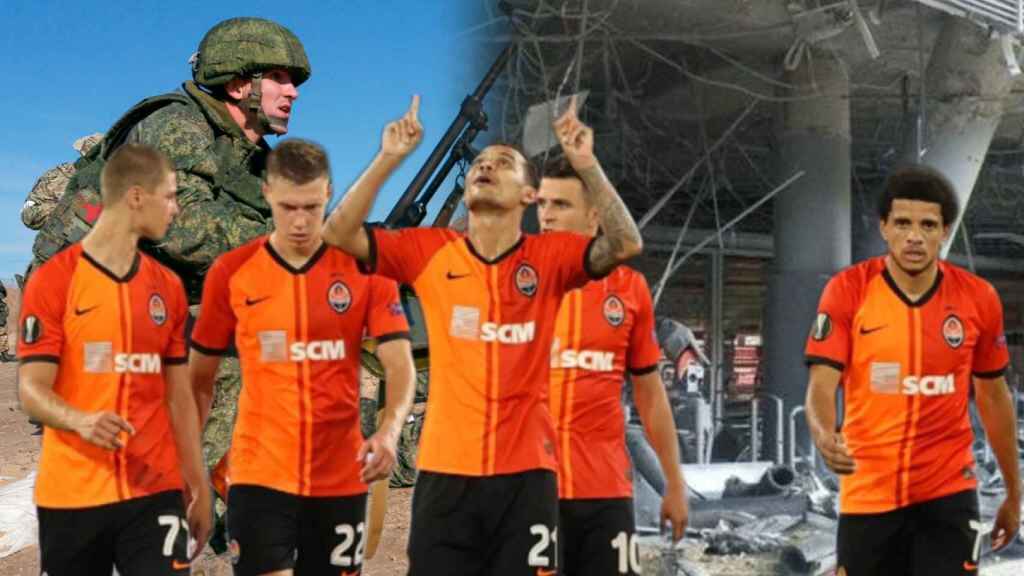 Los jugadores del Shakhtar Donetsk, sobre imágenes del conflicto de esta misma semana y del estadio afectado por los bombardeos cercanos en un fotomontaje