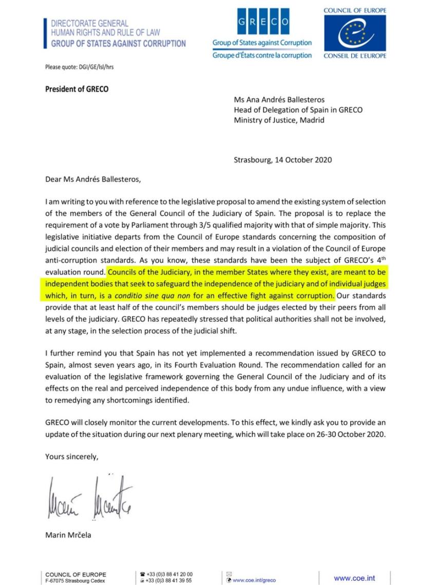 Carta del presidente del GRECO./