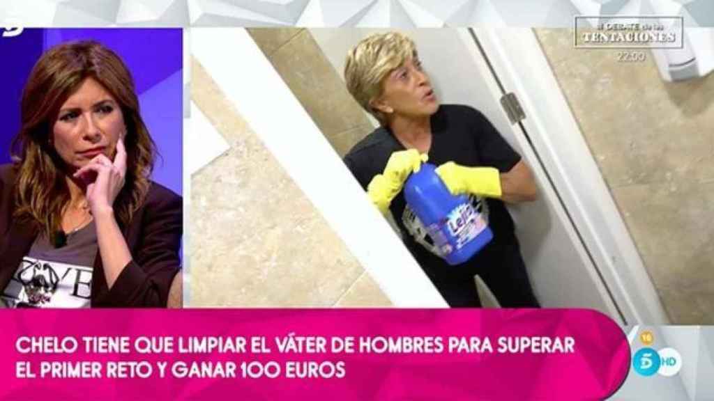 Chelo García Cortés limpiando los baños de Mediaset.