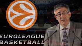 El Buesa Arena de fondo, el logo de la Euroliga y Jordi Bertomeu, responsable de la organización, en un fotomontaje