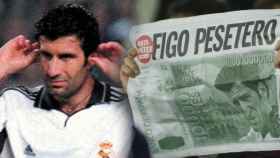 Luis Figo y las pancartas del Camp Nou en su primera visita con el Real Madrid