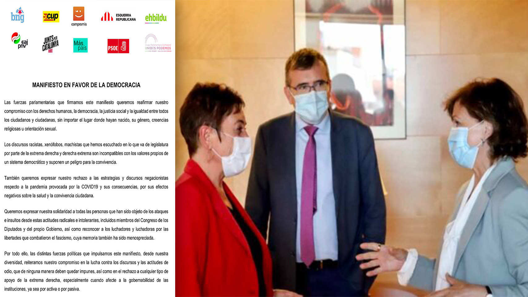 A la izquierda, el manifiesto. A la derecha, la vicepresidenta Carmen Calvo se reúne con Mertxe Aizpurua (EH Bildu).