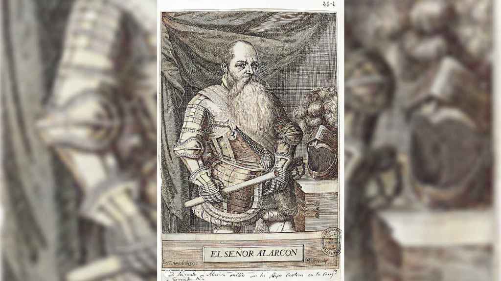 Hernando de Alarcón, sobrino de Martín de Alarcón el valeroso capitán. Es el primer miembro de la familia del que se conoce una imagen. Grabado de Pedro Perete.