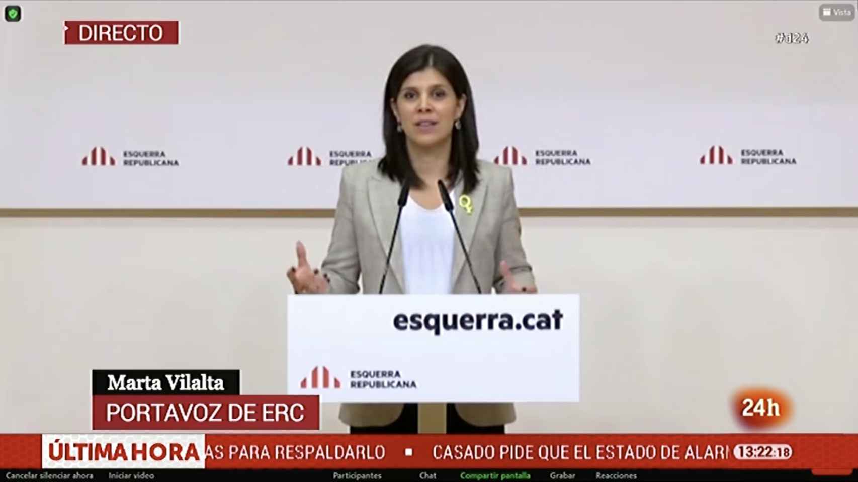 La portavoz de ERC, Marta Vilalta, durante su comparecencia frente a la prensa.