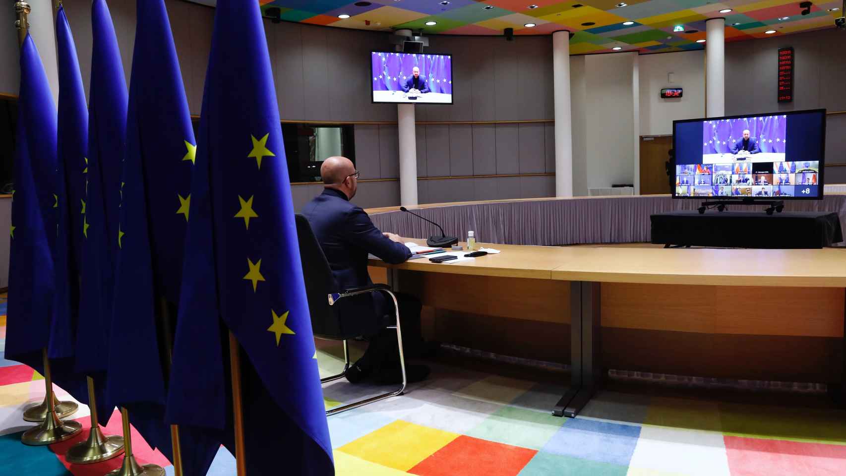 El presidente del Consejo Europeo, Charles Michel, durante la videocumbre de este jueves