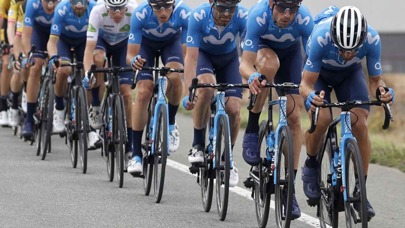 El equipo Movistar, tirando del pelotón en una etapa de La Vuelta