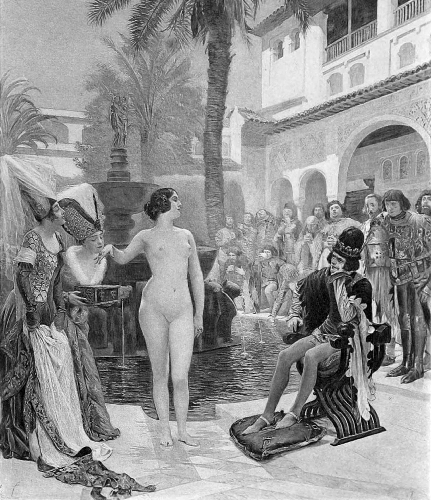 Grabado de María Padilla, desnuda en el Alcázar de Sevilla frente a Pedro I.