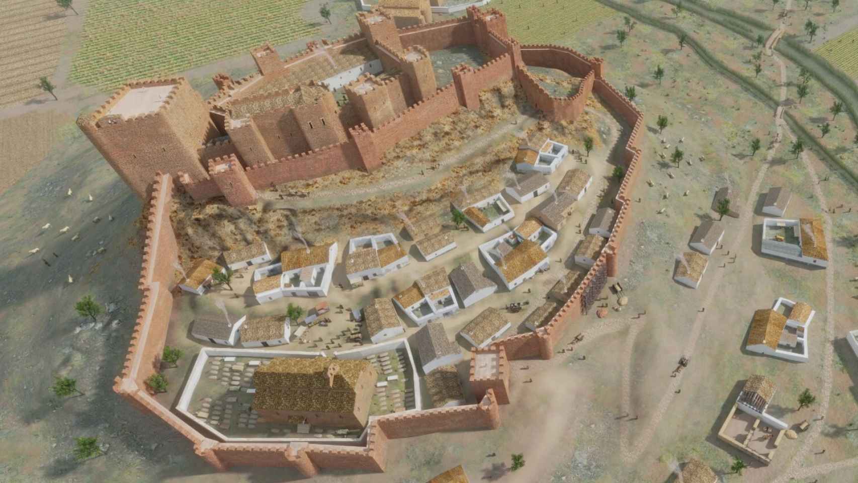 Reconstrucción virtual del castillo de La Estrella y la villa de Montiel en el siglo XIV.