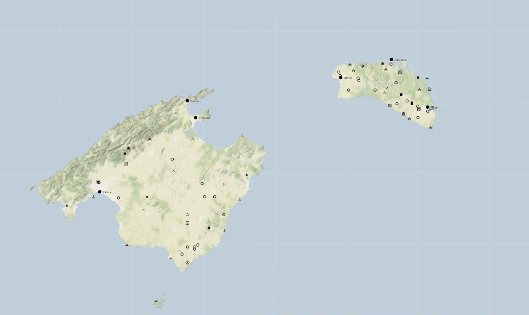 Sitios de época romana de las islas de Mallorca y Menorca introducidos en la TIR. El mapa permite intuir la diferenciación en la estructura del poblamiento en las dos islas.