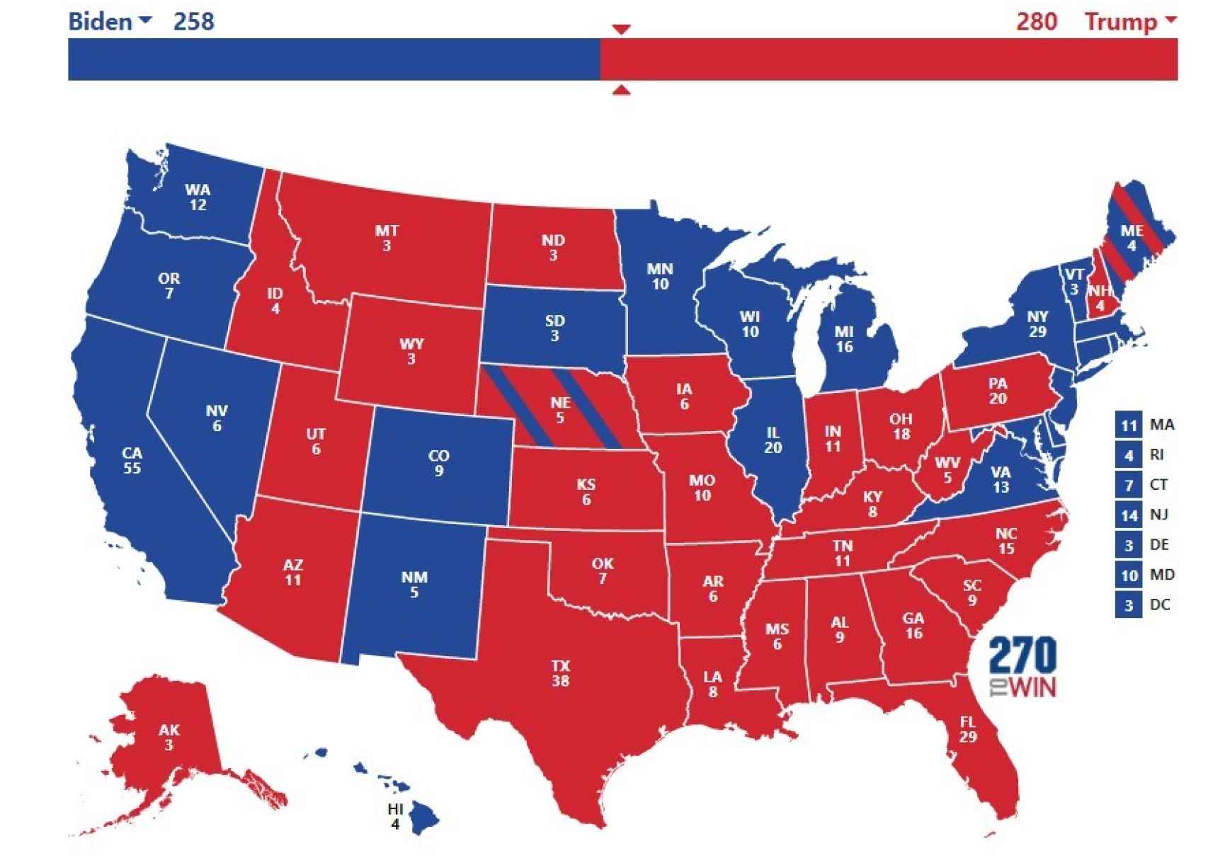 Posible resultado electoral si Trump da la vuelta a las encuestas y consigue los estados clave.