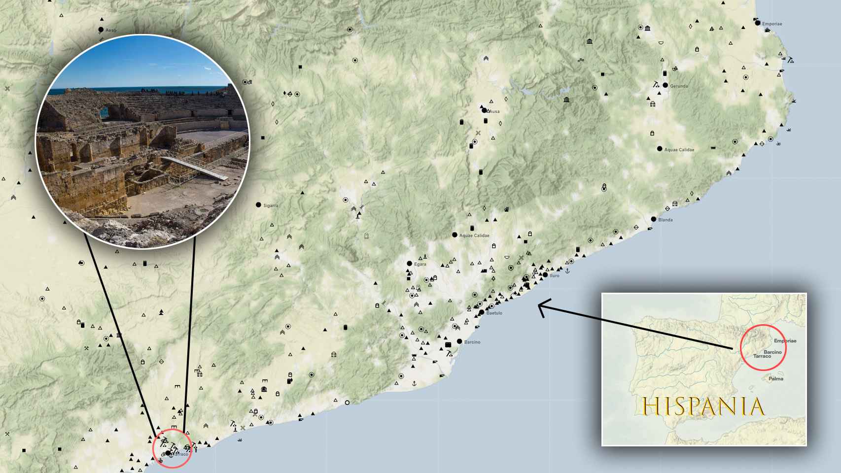 Todos los elementos romanos de la zona de Cataluña incluidos en el mapa.