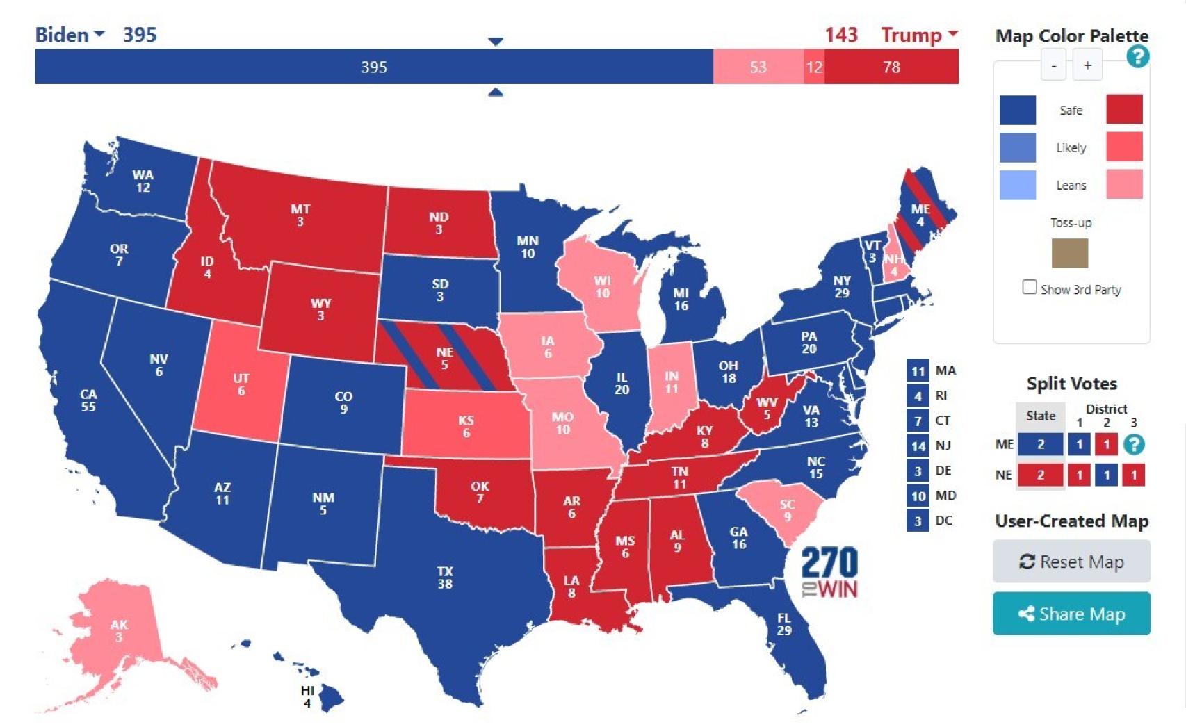 Posible resultado electoral si a Trump se le da muy mal la noche.