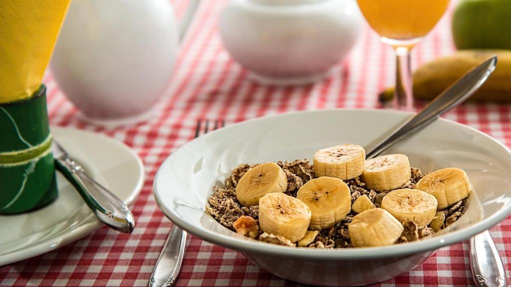 Un cuenco con cereales y leche.