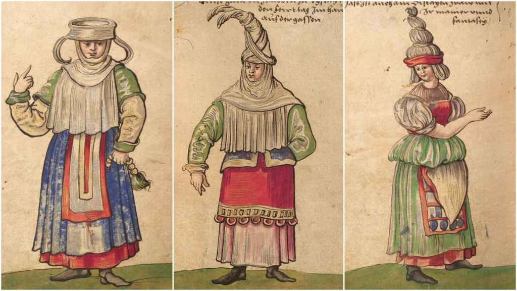 Ilustraciones de los tocados que Christoph Weiditz hizo durante sus viajes a España entre 1530 y 1540.