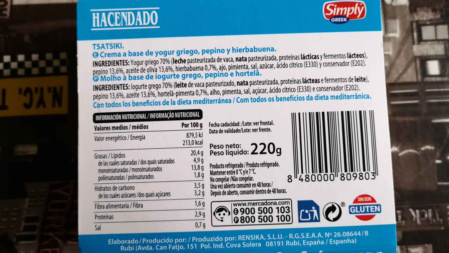 La información nutricional de la crema de yogur griego de Mercadona.