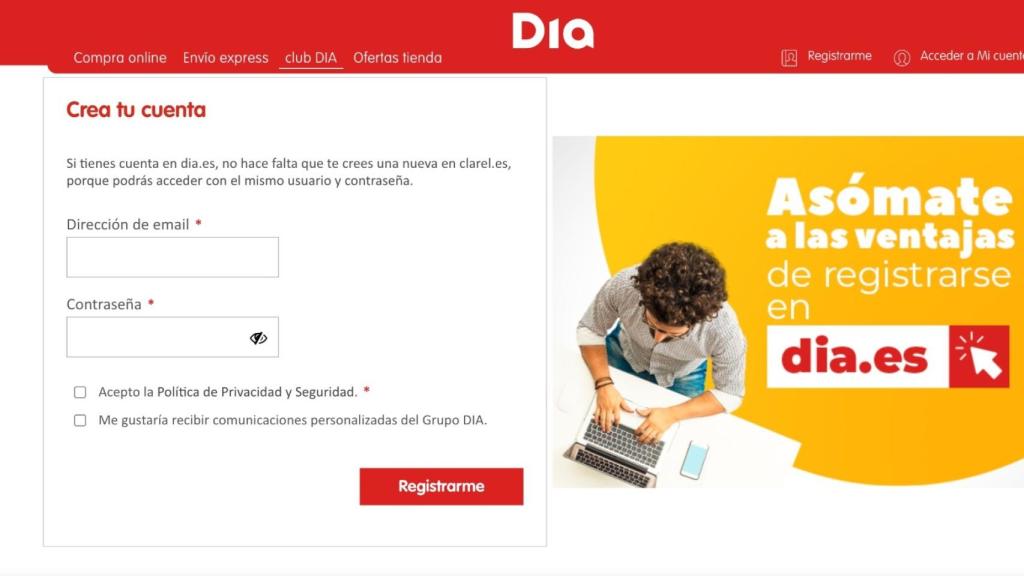 Dia te pide registrarte en su web para poder pedir la compra por Express.