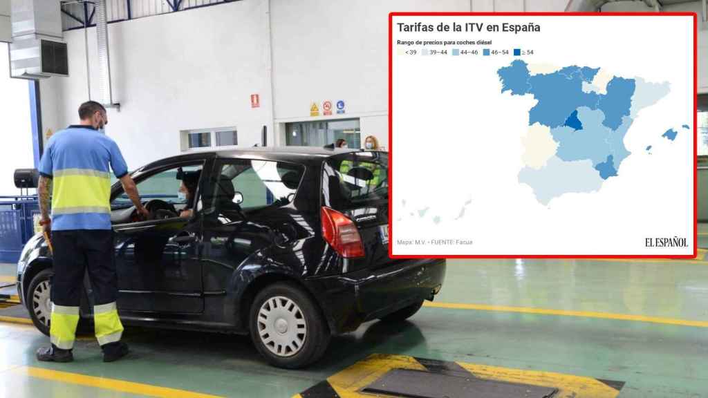 Un mapa, por colores, sobre los precios de las ITV en cada una de las 17 comunidades autónomas de España.
