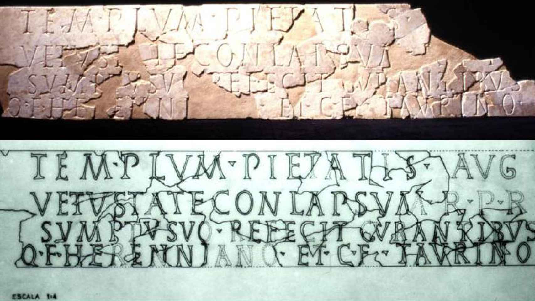 Inscripción referente al 'Templum Pietatis Augusta'.