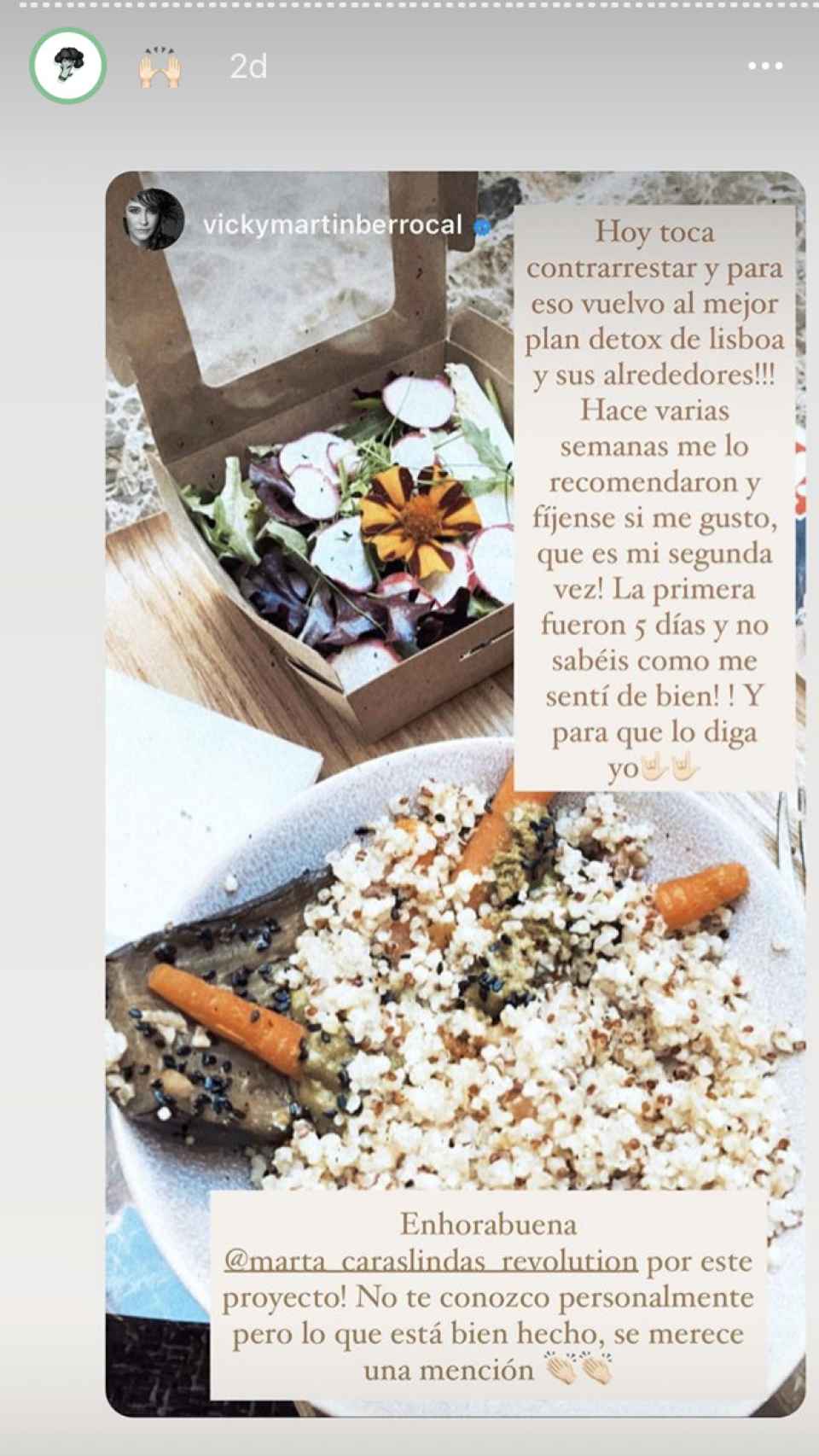 Vicky Martín Berrocal publicó en sus 'stories' el plan de alimentación al que se ha sumado.
