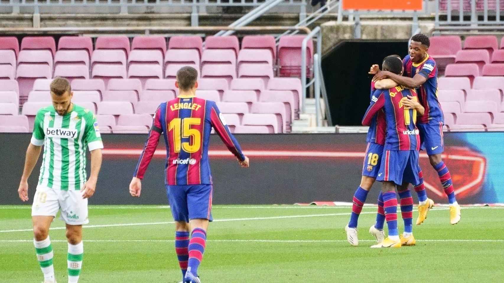 El Barça celebra un gol de Dembélé