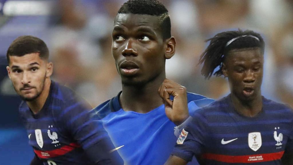 Houssem Aouar, Paul Pogba y Eduardo Camavinga