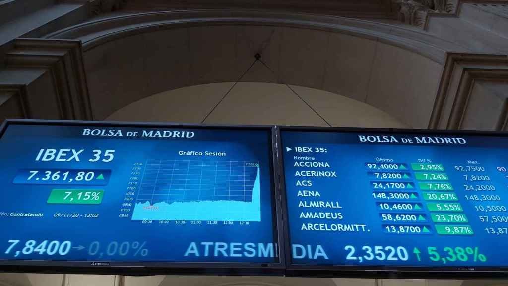 Una pantalla de cotización del Ibex 35 en la Bolsa de Madrid.