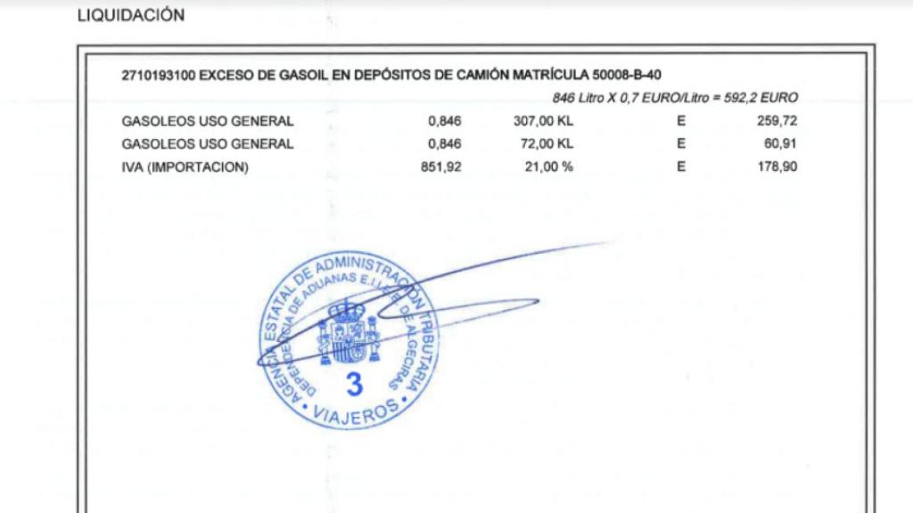 Multa impuesta por la aduana española por exceso de combustible.