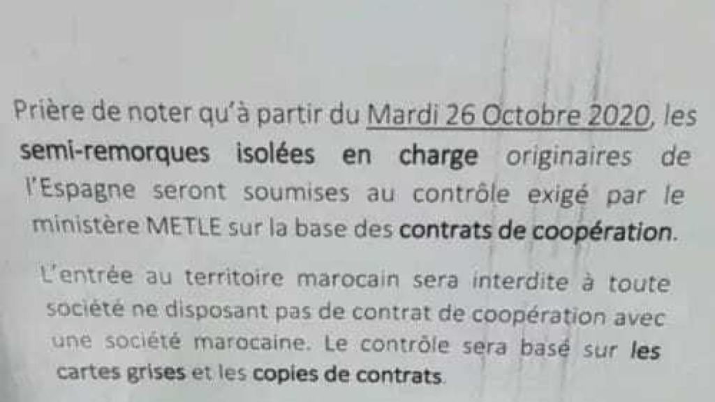 Nota del puerto Tanger Med en la que informa sobre las restricciones.