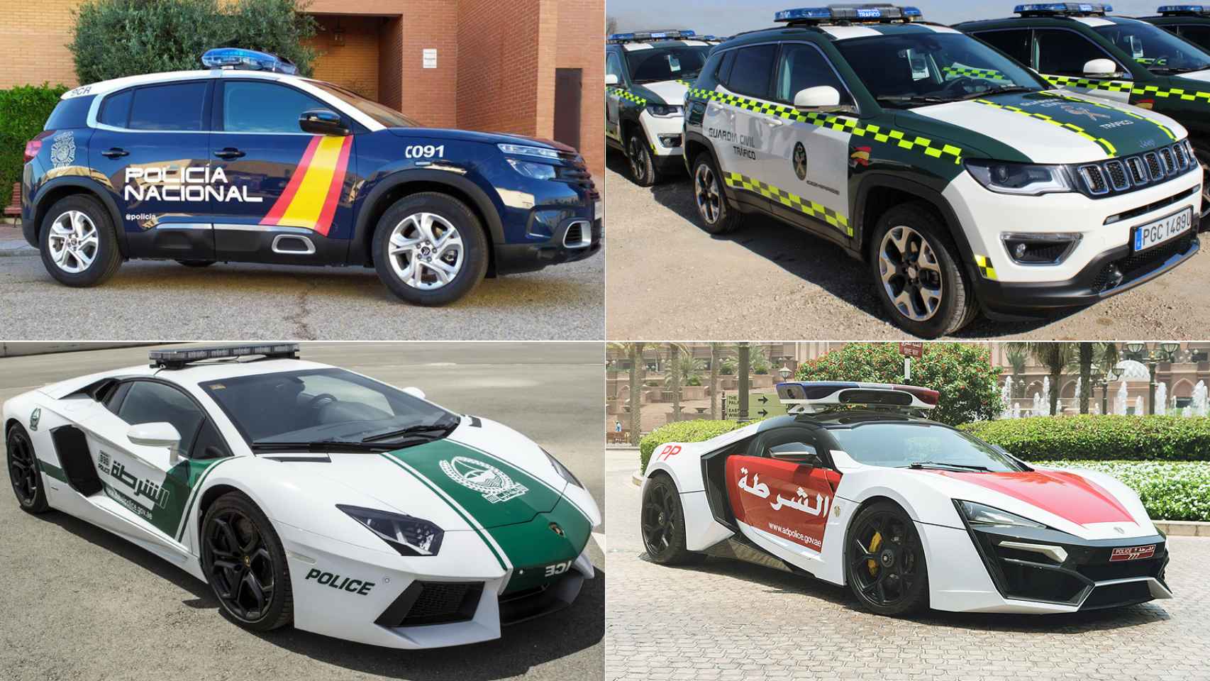 Varios de los coches de Policía utilizados en España, Italia, Dubai y Abu Dhabi.