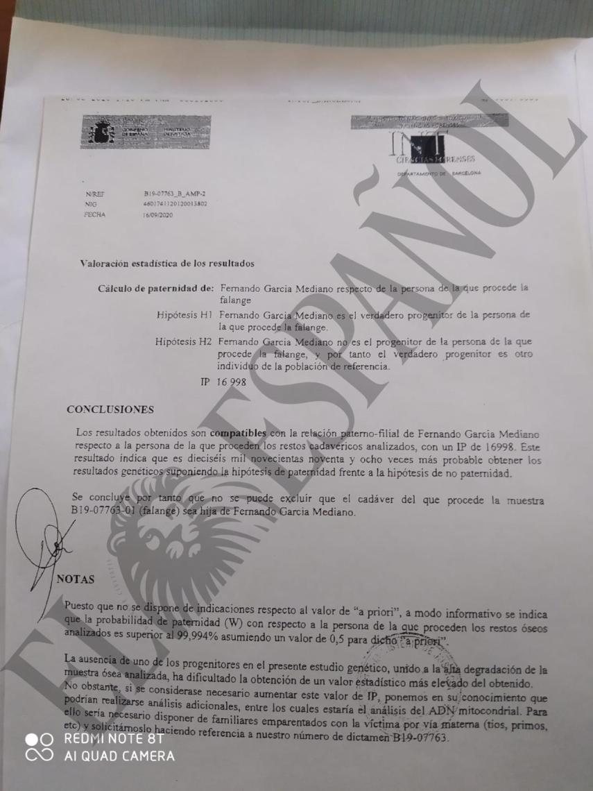 Notificación del del Instituto Nacional de Toxicología y Ciencias Forenses que confirma a Fernando que los huesos hallados pertenecen a su hija, Miriam.