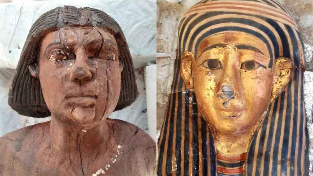 Una estatua de madera y una máscara dorada halladas en Saqqara.