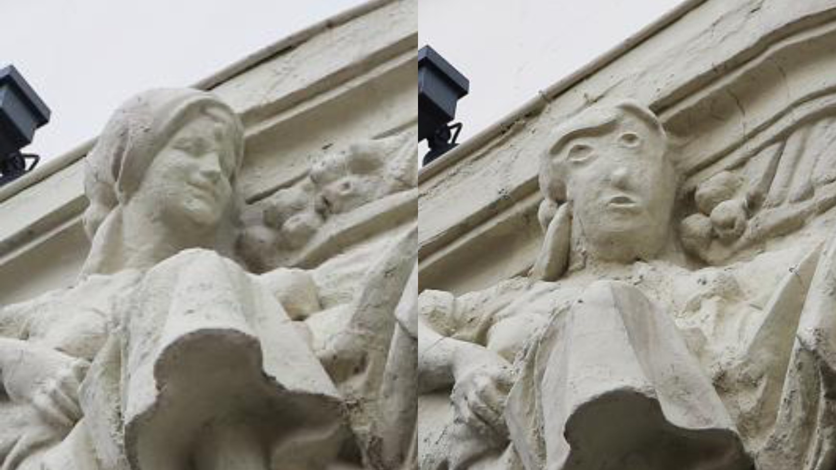 La escultura antes y después de la restauración.
