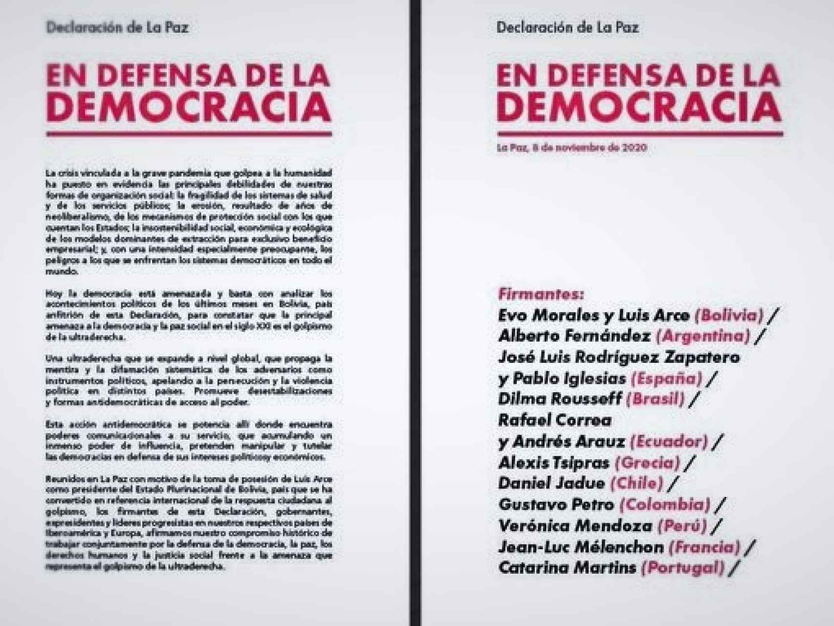 Declaración de La Paz, impulsada por Iglesias, Arce y Fernández.