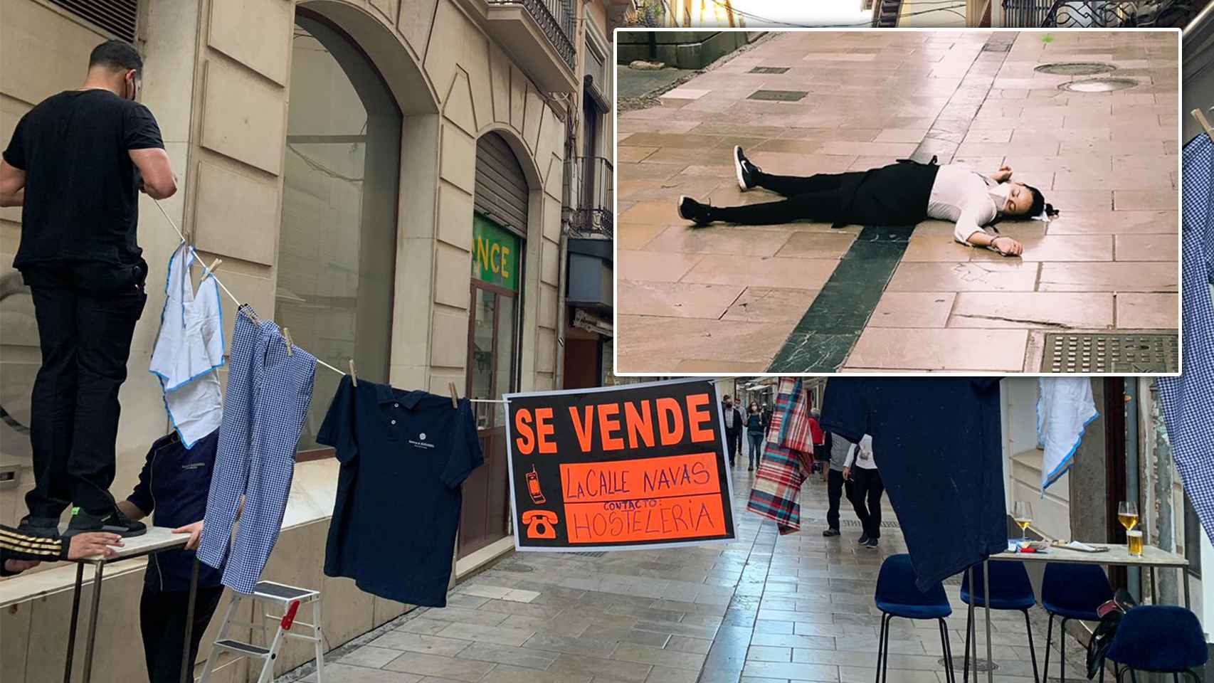 Los empleados de Ibéricos y Alhambra colgando un cartel de 'se vende' la calle Navas de Granada.