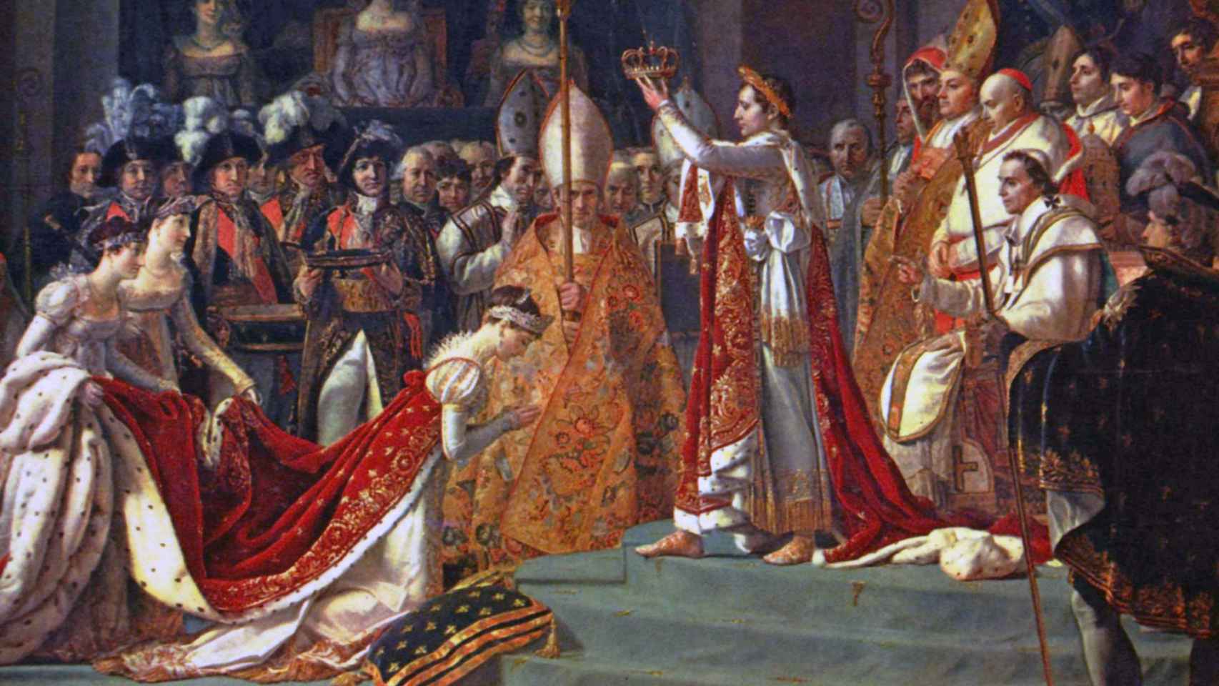 Josefina se arrodilla ante Napoleón durante su coronación en Notre Dame (1808).