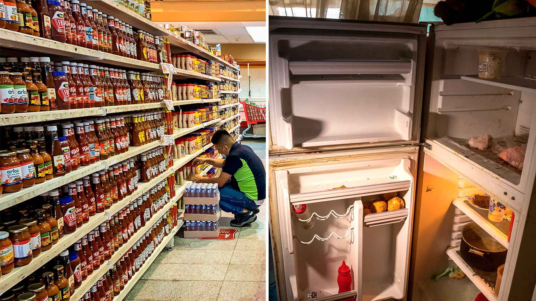 A la izquierda, una tienda llena en Caracas, capital de Venezuela, y a la derecha un frigorífico vacío.