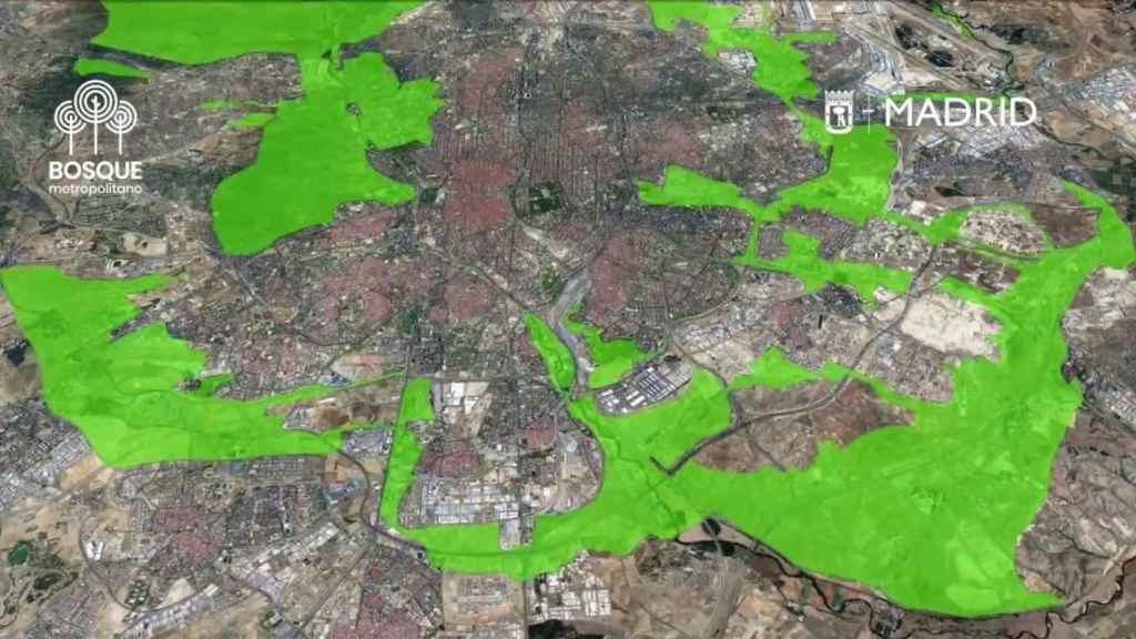 En verde, las áreas de actuación del proyecto Bosque Metropolitano del Ayuntamiento de Madrid.