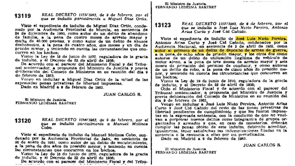 Indulto de Luis Nieto en el que se destaca un delito de depósito de armas de guerra.