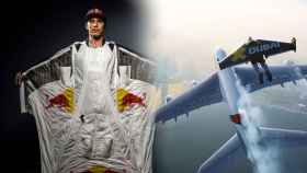 Vince Reffet con su traje y volando junto a un Airbus A380 en un fotomontaje