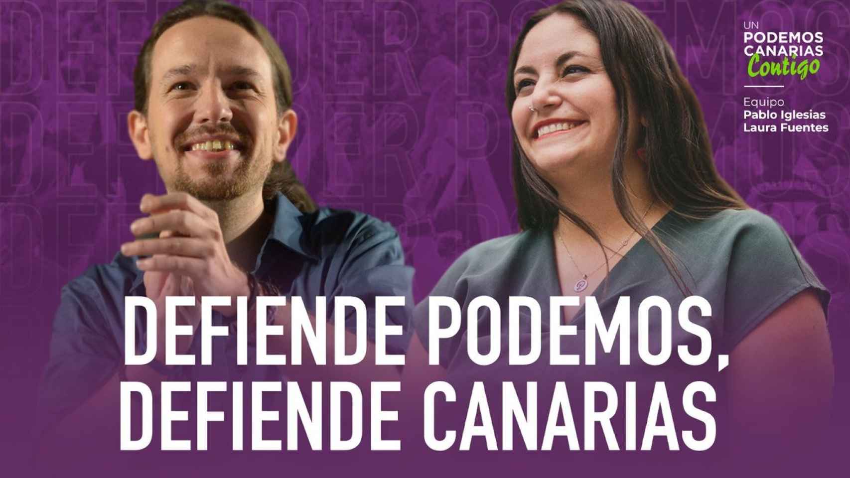 Cartel electoral de Laura Fuentes, junto a Pablo Iglesias, en las primarias de Podemos Canarias.